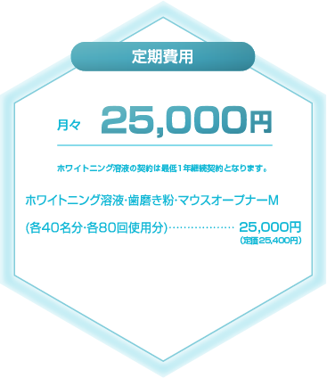 定期費用：月々25000円　ホワイトニング溶液の契約は最低1年継続契約となります。　ホワイトニング溶液・歯磨き粉・マウスオープナーM（各40名分・各80回使用分）25000円